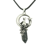 Gothic Star Moon Cat Crystal Necklace, Natural Gemstone Hexagonal Point Pendant, Vintage Silver Crescent Moon Choker with Black Cord for Women