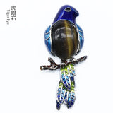 Enamel Bird Parrot Natural Gemstone Pendant, Colorful Enamel Alloy Bird On Branch Inlaid Oval Cabochon Crystal Pendant, Chakra Reiki Healing DIY Necklace Jewelry Charm