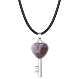 Natural Stone Heart Key Pendant Necklace, Silver Frame Gemstone Charm with Snake Chain for Women Jewelry Making