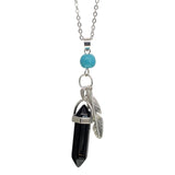 Natural Crystal Point Pendant Necklace with Feather Charm, Hexagonal Gemstone Bullet Point Necklace with Turquoise Bead, Healing Chakra Crystal Jewelry for Women