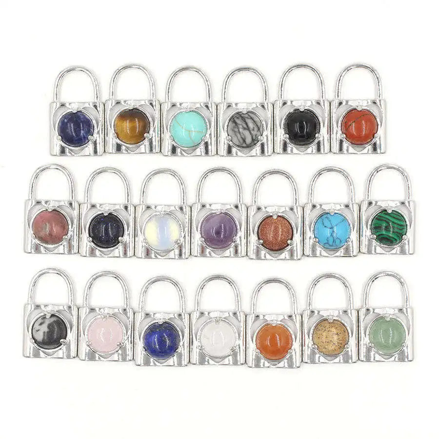 Natural Crystal Lock Pendant, Round Inlaid Chakra Gemstone Charm for DIY Necklace Jewelry Making