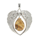 Natural Crystal Angel Wings Pendant | Teardrop Gemstone Heart Amulet Charm | Silver Alloy Feather Wing Quartz Droplet Jewelry Findings for DIY Making