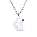 Vintage Stainless Steel Fairy on Moon Pendant Necklace - Natural Amethyst Stone Celestial Jewelry - Whimsical Angel Necklace for Women