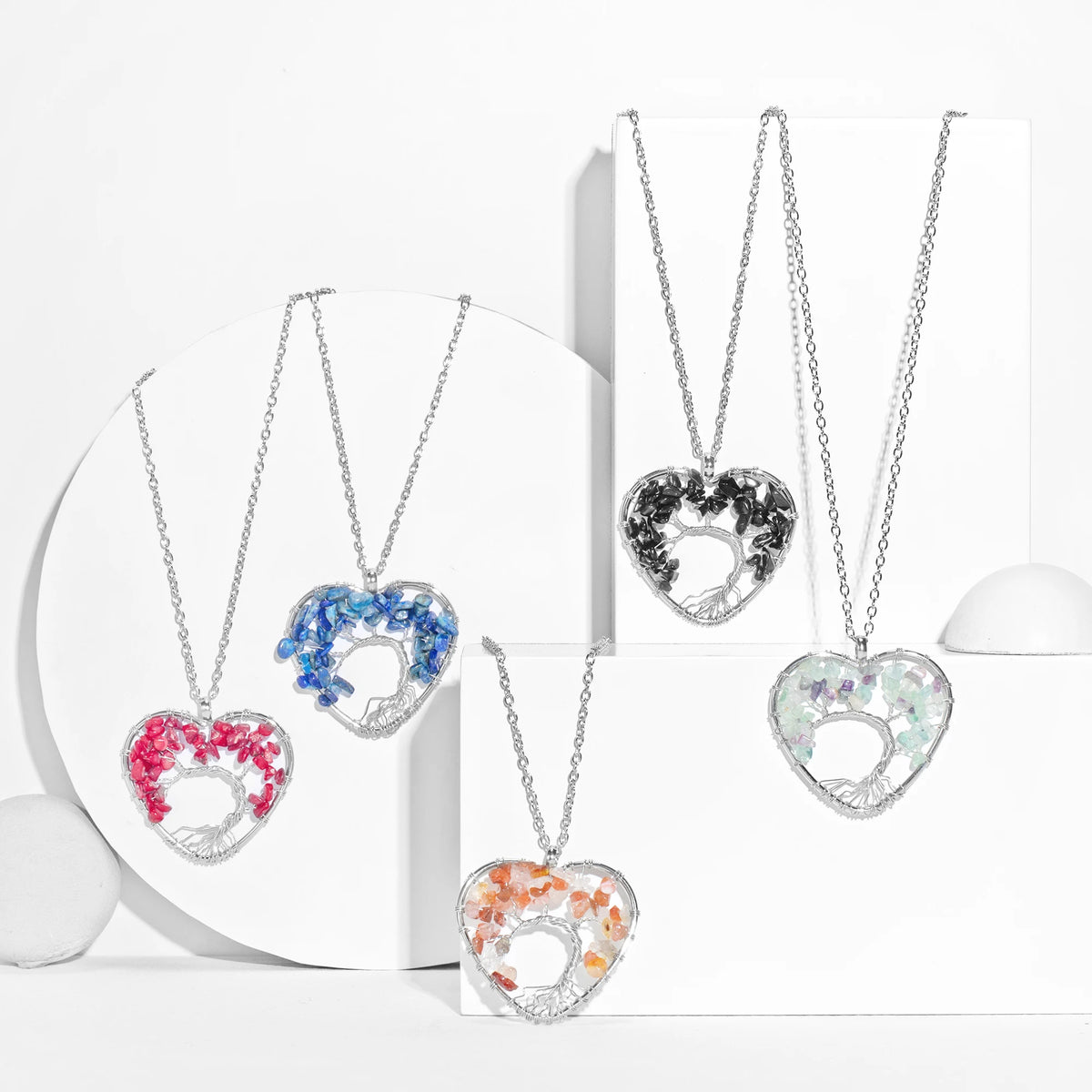 Heart Shaped Tree of Life Pendant Necklace, Natural Chip Gemstone Chakra Crystal Necklace Silver Wire Wrapped Jewelry Gift for Women