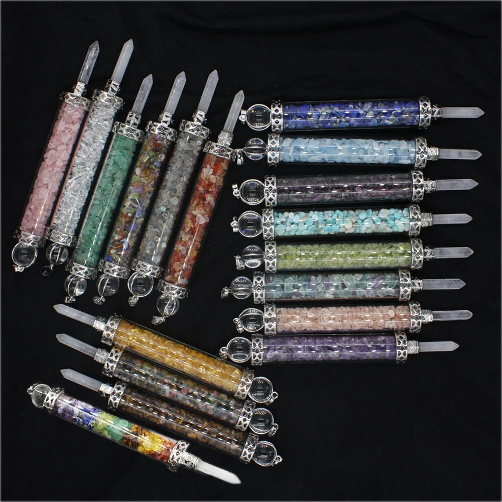 Natural Crystal Chip Glass Bottle Wand Pendant, Reiki Chakra Healing Crystal Point Wand Charm for Necklace Jewelry Making Meditation