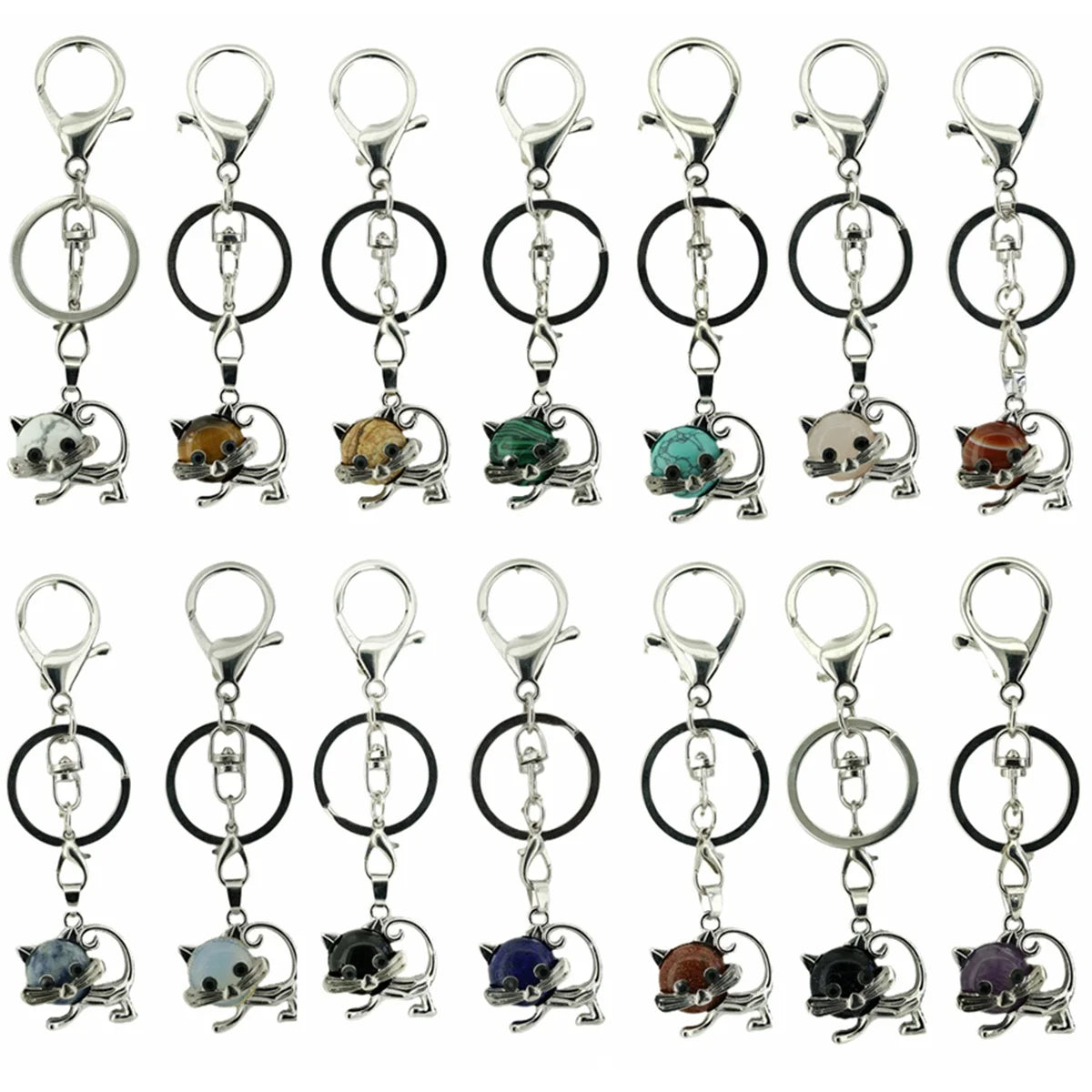 Healing Crystal Rose Quartz Semiprecious Stone Crafts Charm Cat Pendant Keychain for Women and Men