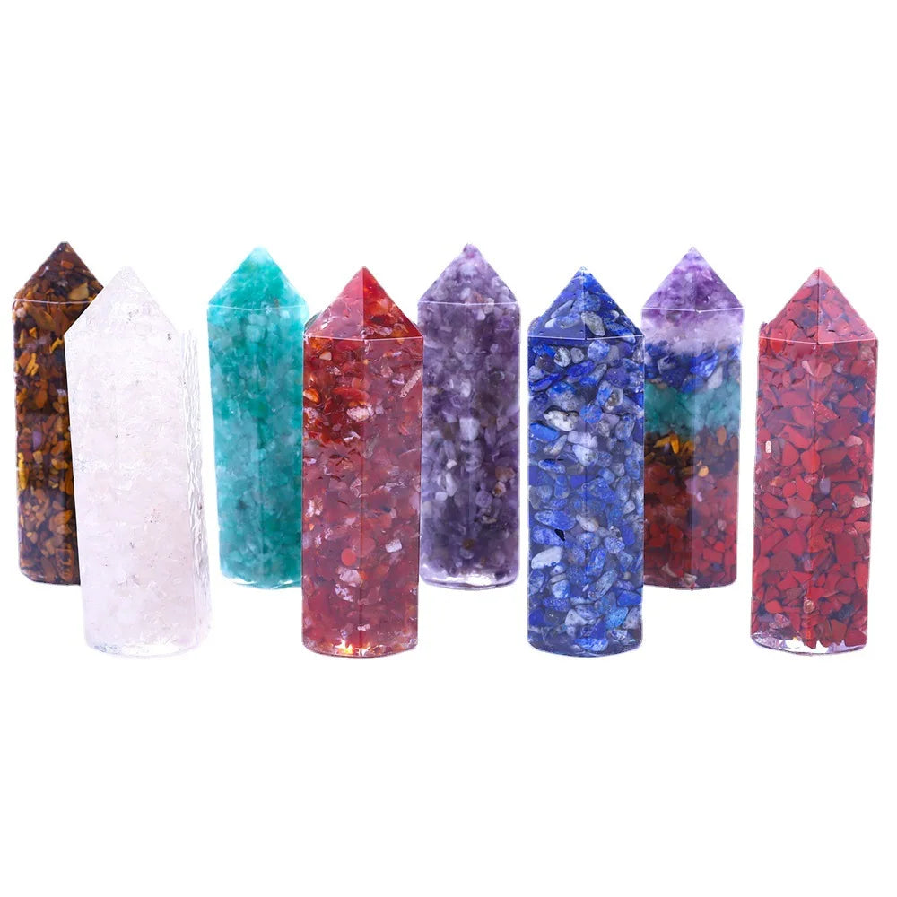 Orgonite Chipped Crystal Hexagonal Wand Point Tower  Natural Chakra Chips Resin Obelisk for Meditation Home Decor