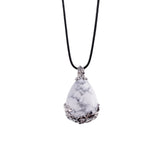 Teardrop Natural Gemstone Pendant, Silver Floral Leaf Wrapped Stone Charm, 45x27mm Pear Shape Crystal Pendant, Boho Reiki Healing Necklace Jewelry
