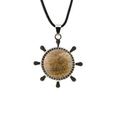 Nautical Ship Wheel Cord Necklace • Casual Silver Mariner Helm Pendant with Natural Gemstone Sphere • Unisex Rugged Black Leather Rope Jewelry