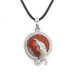 Eagle Silhouette Round Pendant Necklace Silver Lace Frame Natural Crystal Black Wax Cord Spirit Animal Jewelry