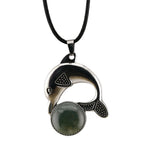 Bohemian Silver Marine Dolphin Cord Necklace • Cute Sea Animal Crystal Sphere Holder Pendant • Unisex Surf Coastal Beach Wear Jewelry Gift