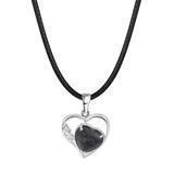 Natural Crystal Hollow Heart Pendant Necklace, Gemstone Charm with Black Rope for Women