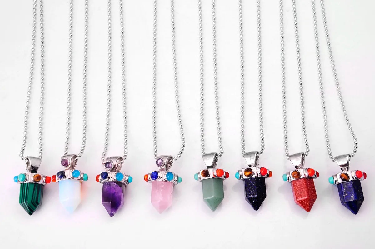 Natural Crystal Single Point Pendant Necklace, Mixed Chakra Gemstone Meditation Spiritual Jewelry