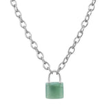 Natural Healing Crystal Lock Pendant Necklace, 20-inch Alloy Chain Chakra Gemstone Jewelry