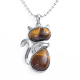 Natural Gemstone Cat Pendant Silver‑Tone Alloy Animal Charm Double Teardrop Inlaid Crystal Stone 22×40mm Chakra Reiki Healing Pendant for DIY Necklace Jewelry Making Bulk