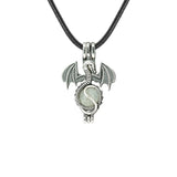 Gothic Stainless Steel Pterosaur Dragon Crystal Holder Necklace • Antique Silver Gemstone Ball Urn Pendant • Unisex Retro Punk Jewelry