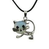 Natural Crystal Cat Pendant Necklace, Silver Alloy Frame Gemstone Charm, Healing Jewelry for Cat Lovers