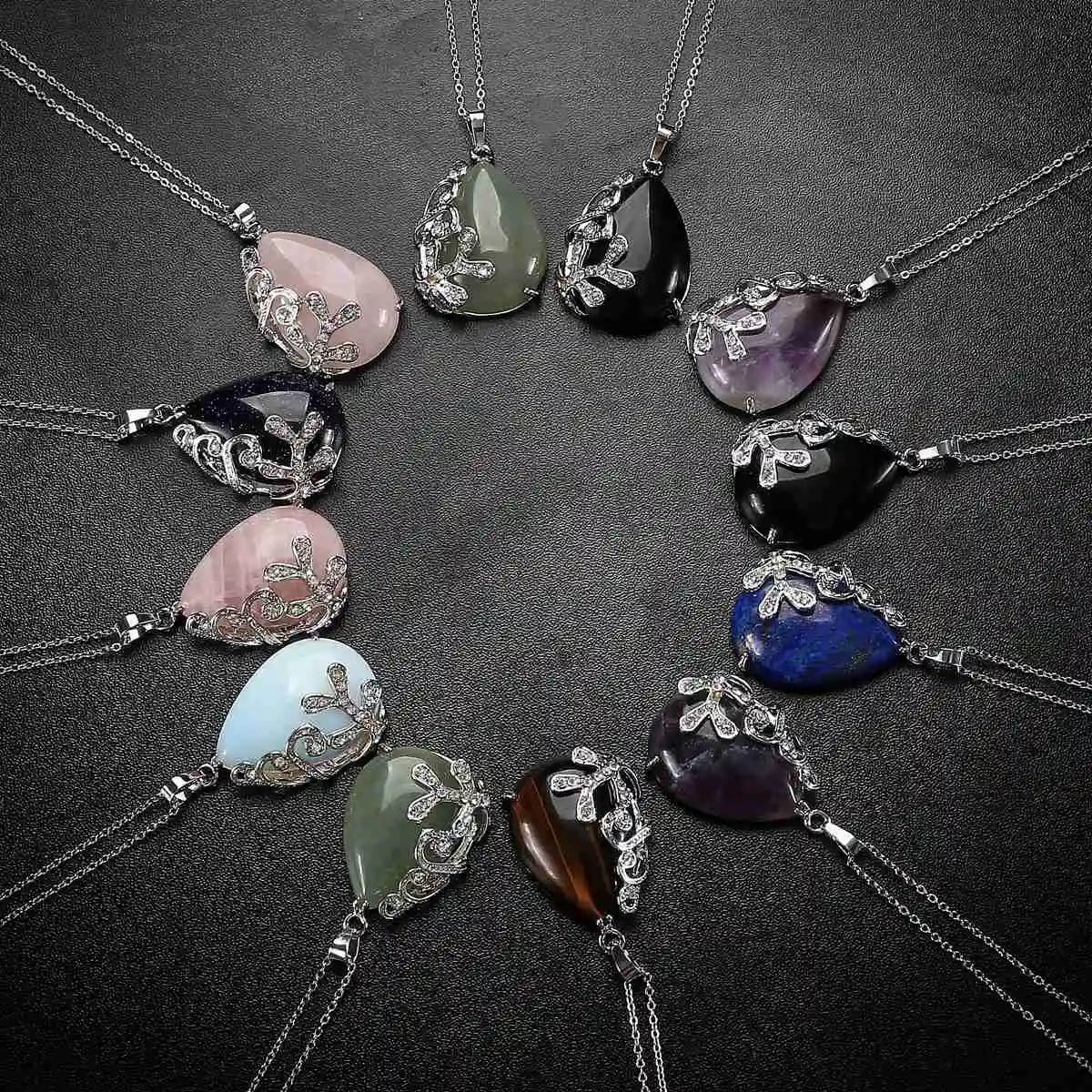 Natural Teardrop Crystal Pendant Necklace Silver Rhinestone Leaf Branch Gemstone Necklace for Women Healing Stone Jewelry Gift