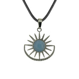 Vintage Sun Burst Crystal Pendant Necklace - Natural Gemstone Leather Cord Choker