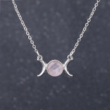 Triple Moon Goddess Natural Crystal Necklace, Silver Plated Triple Crescent Moon Pendant Round Cabochon Gemstone Necklace Reiki Chakra Healing Wicca Spiritual Jewelry for Women