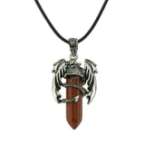 Gothic Winged Dragon Hexagonal Crystal Point Necklace, Vintage Silver Pterosaur Column Pendant, Punk Minimalist Protection Amulet with Black Rope Cord for Men & Women