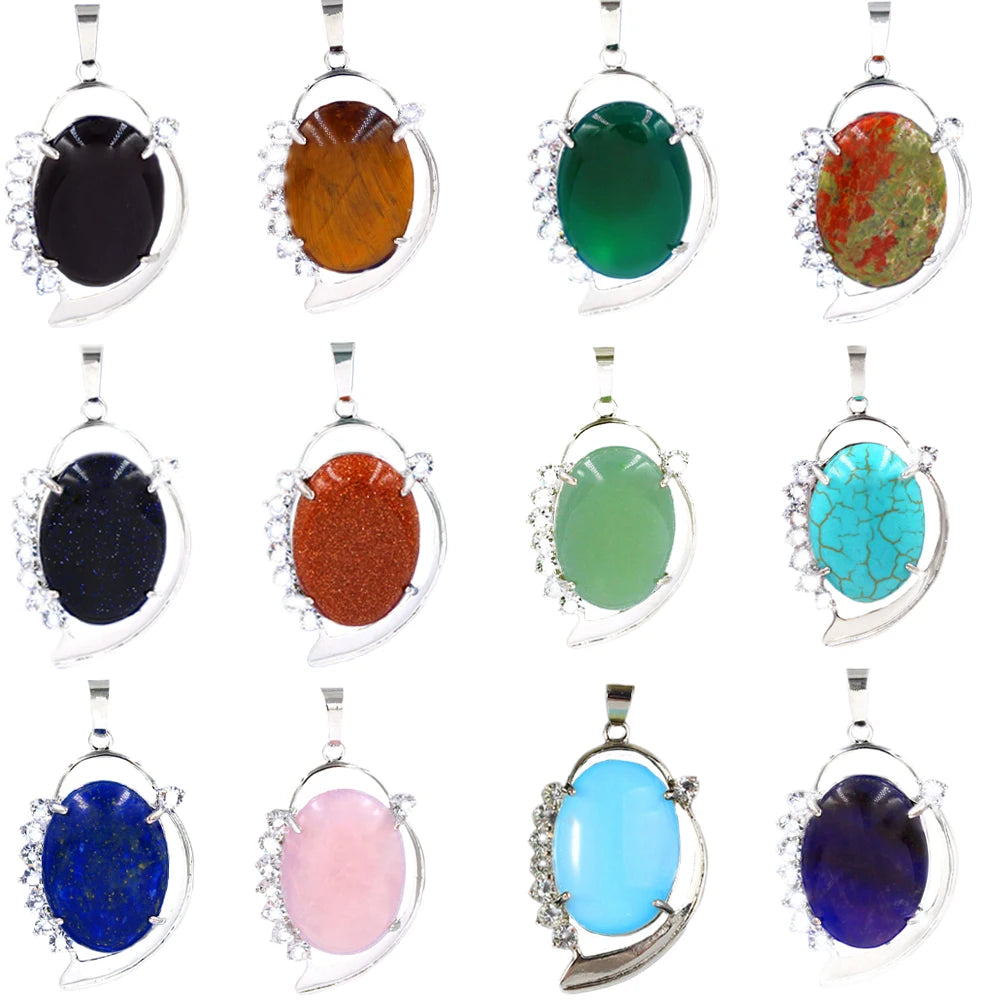 Oval Natural Crystal Leaf Pendant for Making Jewelry Chakra Reiki Healing Stone Jewelry for Women, Multiple Gemstone Selection
