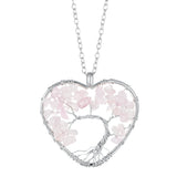 Heart Shaped Tree of Life Pendant Necklace, Natural Chip Gemstone Chakra Crystal Necklace Silver Wire Wrapped Jewelry Gift for Women