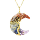 Dainty Gold Crescent Moon Pendant Necklace • Resin Crystal Chip Tree of Life Charm • Wiccan Goddess Spiritual Healing Crystal Jewelry