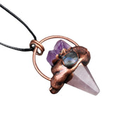 Vintage Copper Red Jasper Hexagon Pointer Necklace - Raw Amethyst & Abalone Shell Mixed Gemstone Wiccan Witchy Pendant