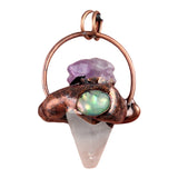 Gothic Mixed Stone Sacred Geometry Pendant - Antique Red Copper Wrapped Crystal Point and Abalone Shell Spiritual Necklace