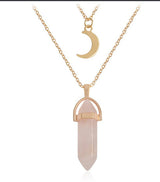 Layered Moon Choker Hexagonal Crystal Point Pendant Necklace, Natural Healing Gemstone Gold Plated Chain for Women