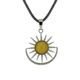 Vintage Sun Burst Crystal Pendant Necklace - Natural Gemstone Leather Cord Choker