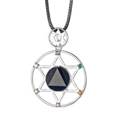 7 Chakra Hexagram Natural Crystal Pendant Necklace, Sacred Star of David Gemstone Black Wax Cord Necklace Reiki Energy Spiritual Boho Jewelry Gift for Men Women