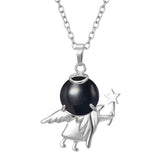 Angel Holding Natural Crystal Ball Pendant Necklace, Silver‑Plated Metal Angel Figurine Spherical Gemstone Charm Reiki Healing Spiritual Jewelry for Women Gift