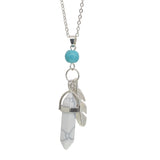 Natural Crystal Point Pendant Necklace with Feather Charm, Hexagonal Gemstone Bullet Point Necklace with Turquoise Bead, Healing Chakra Crystal Jewelry for Women