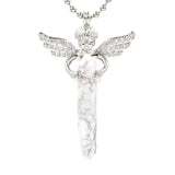 Silver Angel Wing Natural Crystal Point Pendant 35×65mm, Double Terminated Hexagonal Crystal Stone Charm, Reiki Chakra Healing Angel Guardian Pendant for DIY Necklace Spiritual Boho Jewelry Gift
