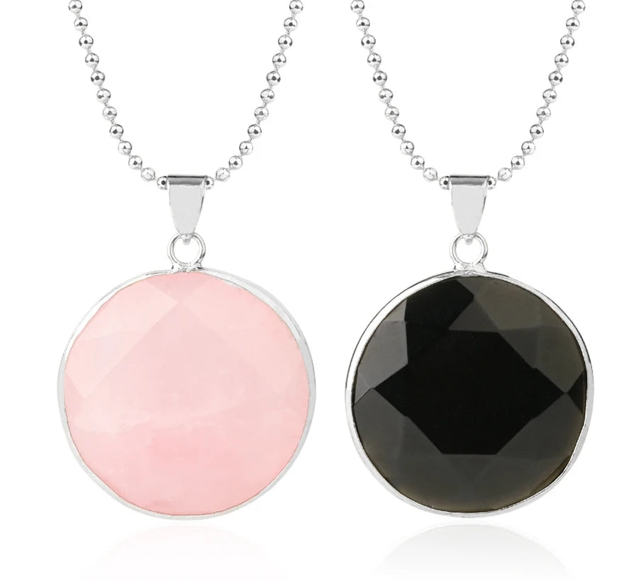 Silver Bezel Faceted Round Natural Gemstone Pendant Multi Color Cut Crystal Charm for Necklace Jewelry Making