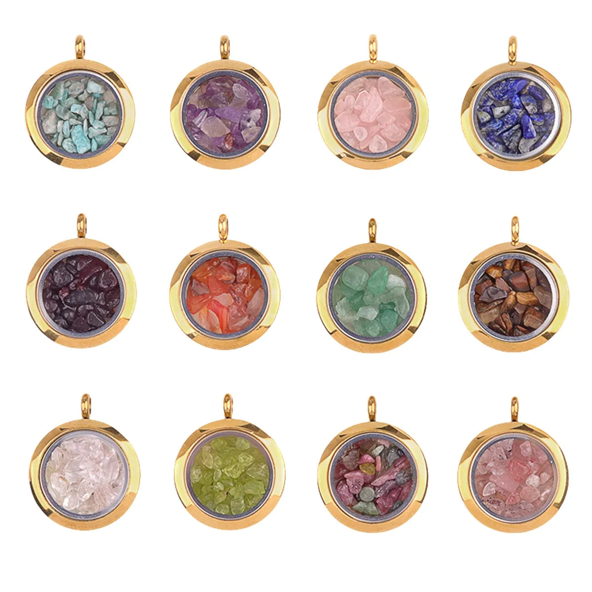 Round Gold Gawu Box Pendant with Chip Stone Stainless Steel Floating Locket Crystal Specimen Keepe Custom for Keepsakes & Healing Stones