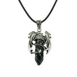 Gothic Winged Dragon Hexagonal Crystal Point Necklace, Vintage Silver Pterosaur Column Pendant, Punk Minimalist Protection Amulet with Black Rope Cord for Men & Women
