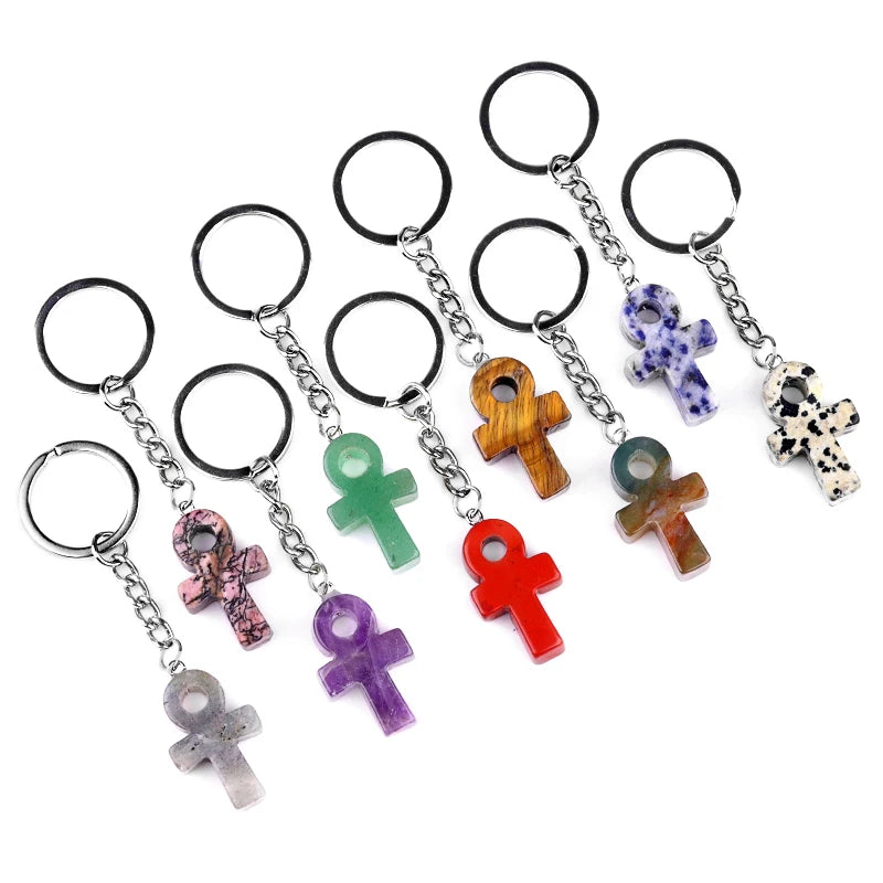 Natural Crystal Ankh Cross Keychain | 20×30mm Egyptian Symbol Gemstone Pendant for Bags & Keys