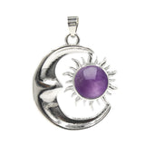 Natural Crystal Sun and Moon Pendant | Celestial Crescent Moon Gemstone Charm | Silver Alloy Sunburst Quartz Cabochon Jewelry Findings for DIY Making