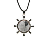 Nautical Ship Wheel Cord Necklace • Casual Silver Mariner Helm Pendant with Natural Gemstone Sphere • Unisex Rugged Black Leather Rope Jewelry