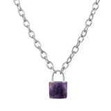 Natural Healing Crystal Lock Pendant Necklace, 20-inch Alloy Chain Chakra Gemstone Jewelry