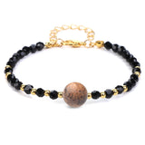 4mm Faceted Black Crystal Beaded Bracelet with 10mm Natural Stone Center Bead Gold Plated Adjustable Extension Chain Chakra Healing Bracelet for Women
