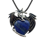 Vintage Silver Alloy Dragon Heart Crystal Necklace | Natural Stone Wax Cord Pterosaur Pendant for Men & Women, Cosplay, Daily Wear