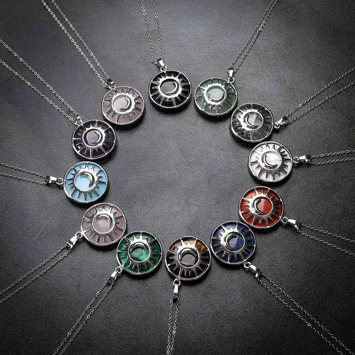 Sun and Moon Natural Gemstone Pendant Necklace Multi Color Healing Crystal Silver Plated Charm Jewelry for Women Gift