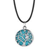 Owl Family Tree of Life Gemstone Necklace – 30mm Round Natural Stone Pendant with 18-Inch Leather Cord