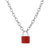 Natural Healing Crystal Lock Pendant Necklace, 20-inch Alloy Chain Chakra Gemstone Jewelry