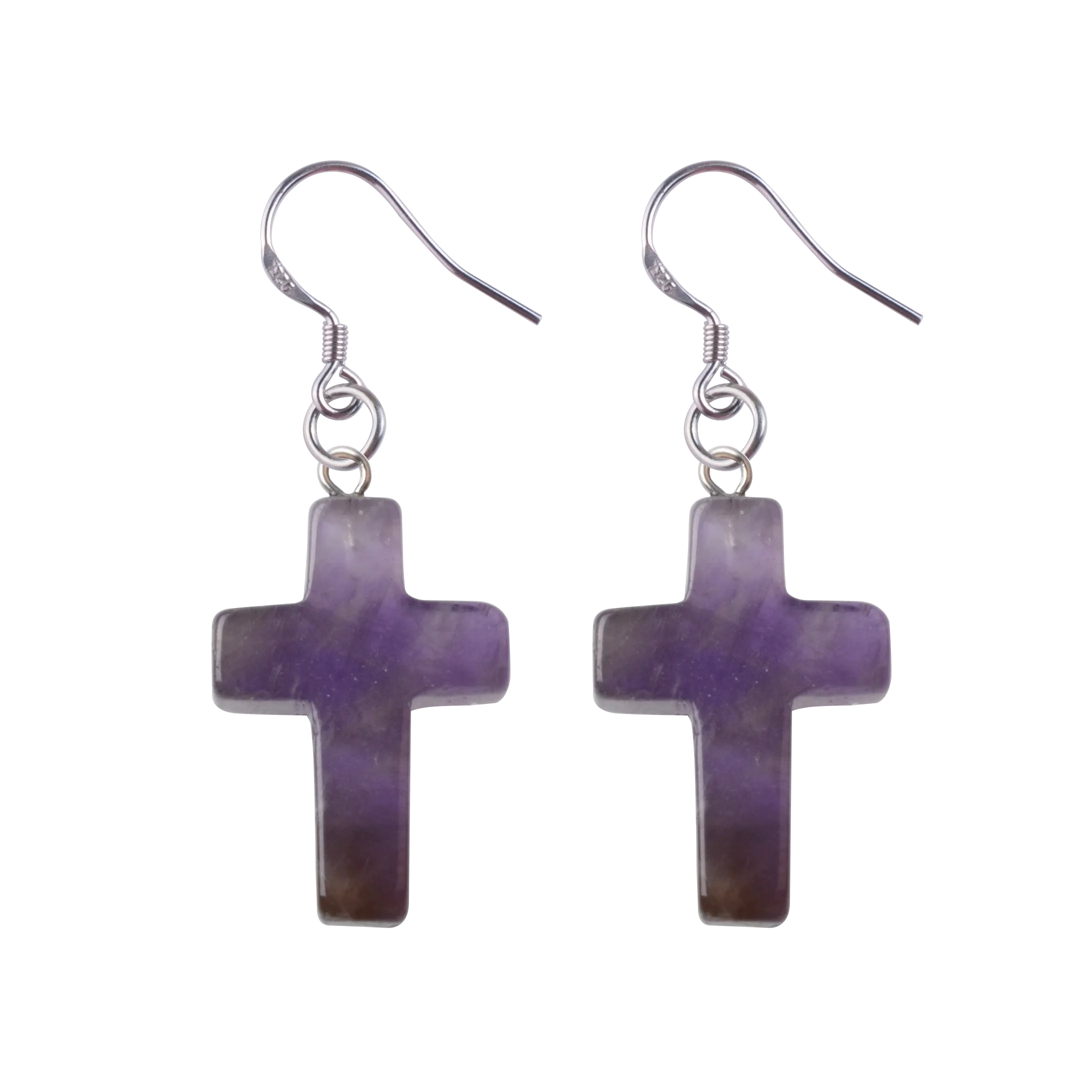 Purple Crystal Cross Dangle Earrings Hypoallergenic Silver Ear Hooks Handcrafted Genuine Amethyst Gemstone Crucifix Earrings Minimalist Jewelry