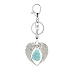 Silver Angel Wings Heart Keyring - Natural Stone Teardrop Crystal Keychain for Purse, Backpack, Handbag, Car Keys